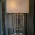 Pair of Karl Springer Greek Key Lucite Lamps